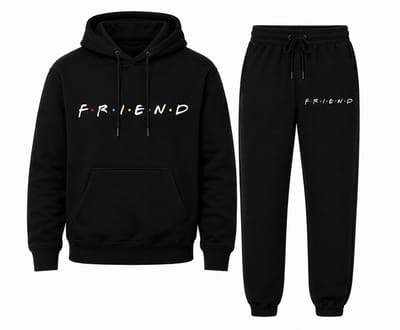 Trainingspak Heren & Dames met Friends Print – Zwarte Hoodie met Capuchon en Joggingbroek - L