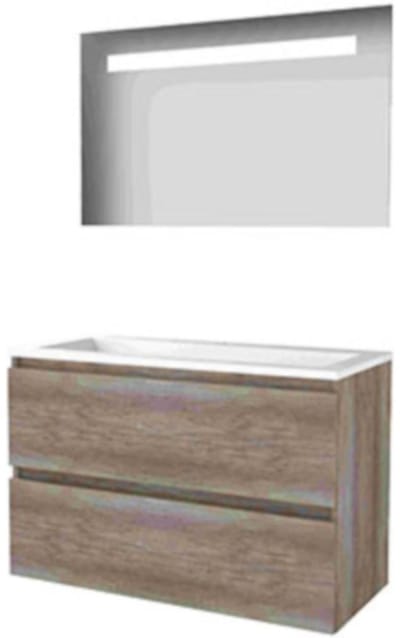 Basic-Line Economic 46 Badkamermeubelset - 100 x 46 cm - Greeploos - 2 Lades - Acryl Wastafel - 1 Kraangat - Spiegel met LED Verlichting - Scotch Oak