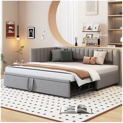 Merax Onderschuifbed 90/180 x 200 cm L-vormig, Slaapbank - Fluweel - Lattenbodem - lichtgrijs (zonder matras)