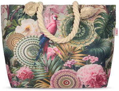 Strandtas met Tropische Bloemen en Papegaai Print - 43x60 cm - Groen - Oeko-Tex Gecertificeerd - Polyester Linnen