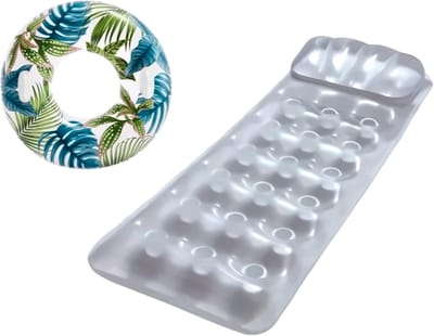 Zilver Luchtbed - 188 x 71 cm + Opblaasbare Zwemband Tropical 97 cm Luchtband Drijfstoel Drijvende WaterStoel LoungeStoel WaterHangmat Zwembad Ligbed Luchtbed - Floating Bed - Drijvende Water Ligstoel - Opblaasbaar
