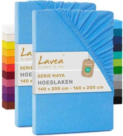 Lavea® Set van 2 Hoeslakens 140x200 cm – 100% Zacht en Ademend Katoen – voor Dikke Matrassen tot 20 cm – Jersey met Elastiek rondom – Hemelsblauw