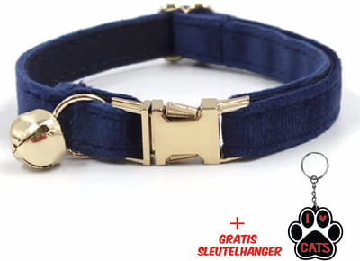 SilverAndCoco® - Donker Blauwe Katten Halsband met Bel met Gratis Sleutelhanger | Velvet Kat Kitten Bandje met belletje | Kattenhalsband Suède Gouden | Kleding Decoratie Poezen | Kattenbandje Huisdier Poes - Blauw / Goud