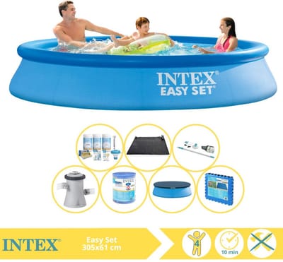 Intex Rond Opblaasbaar Easy Set Zwembad - 305 x 61 cm - Blauw - Inclusief Pomp - Afdekzeil - Onderhoudspakket - Filter - Stofzuiger - Solar Mat - Vloertegels - 8-delig