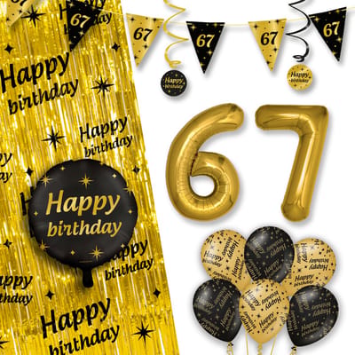 LUQ – All-Out Glam Set 67 Jaar – Zwart-Goud Verjaardag Decor – Luxe Feestpakket Ballonnen-Slingers-Vlaggenlijn-Gordijn