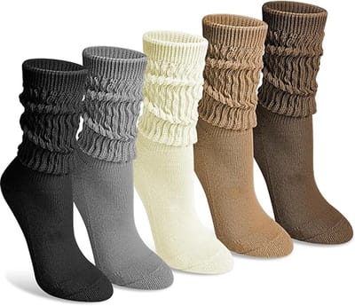 5 paar slouchy sokken voor dames - gebreide slouchsokken - slouchy lange gebreide boot atletische kuitkousen met scrunch, één maat(beige, zwart, grijs, licht kaki, koffie) - Cyslmuk®