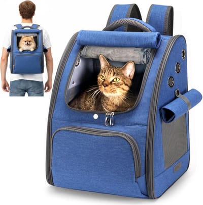 ALLSOPETS Huisdierenrugzak, Opvouwbare Ademend Draagtas voor Katten en Kleine Honden met Zonnescherm Ideaal voor Reizen Stedentrips Dierenartsbezoek en Wandelingen (Koningsblauw)