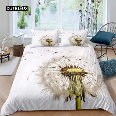 Paardenbloem Dekbedovertrek Set Queen Size voor Kinderen Vliegende Bloem Dekbedovertrek Monochroom Paardenbloemen Bloementhema Twin Dekbedovertrek EU single(135x200cm)