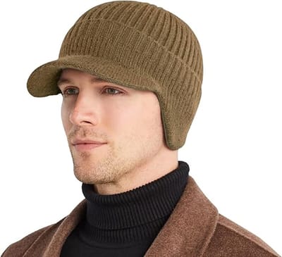 MDUG Gebreide muts voor herfst/winter - Khaki - One size (54-59 cm) - Unisex - Dikke fleecevoering - Winddicht en warm, oorklappen - Opvouwbare rand - Gebreide wollen muts met oorklappen