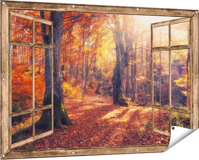 Gards Tuinposter Doorkijk Oranje Herfstbos met Zonneschijn - 150x100 cm - Tuindoek - Tuindecoratie - Wanddecoratie buiten - Tuinschilderij