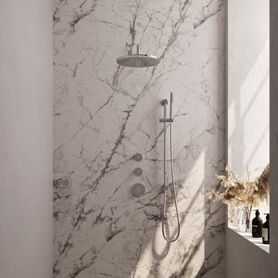 Brauer Chrome Carving thermostatische inbouw regendouche SET 16 met 30 cm douchekop en gebogen muurarm en staaf handdouche en doucheslang en geïntegreerde glijstang chroom