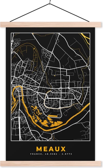 Posterhanger incl. Poster 40x60 cm - Schoolplaat - Plattegrond – Kaart – Stadskaart – Frankrijk – Meaux - Textielposter - Blanke latten - Stadskaart