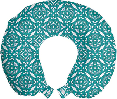 ABAKUHAUS Bloemen Reiskussen met Neksteun, Bloeiend Psychedelisch Bloemenpatroon, Schuimrubberen Reisaccessoire voor Vliegtuig en Auto, Witgroen