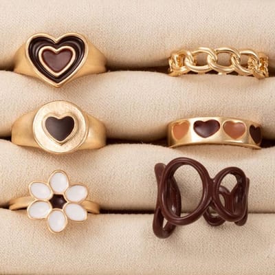 Digadagu Lot de 6 bagues en forme de cœur marron avec fleur dégoulinante pour femme, bague rétro populaire, accessoires de banquet beige