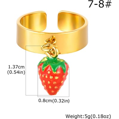 Aardbei Ring Roestvrij Staal Goud Open Verstelbaar Mode Fruit Sieraden Voor Vrouwen Schattig Cadeau yellow