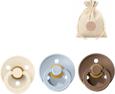 BIBS spenen T1 met speenzakje - Ivory, Baby blue en Dark oak - 0 tot 6 maanden