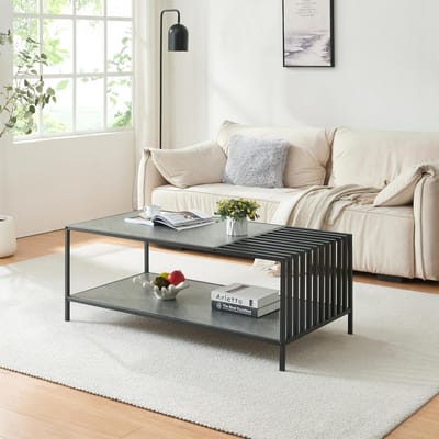 Salontafel Rechthoekig - Koffietafel Modern - Woonkamer Meubel - Met Glazen Blad - 120x60x45 cm - Zwart Beton