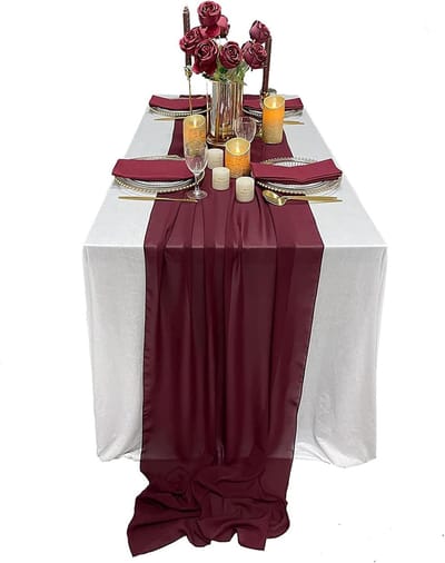 tafelloper in romantische doorschijnende tule, bruiloft & babyshower tafelkleed drapering, 69x305 cm in Claret