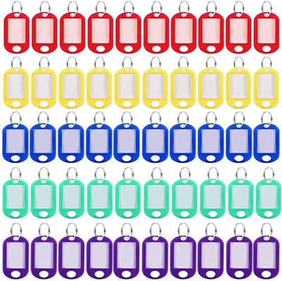 Labels met sleutelhangers - 50 stuks identificatielabels voor bagage, dieren en meer - Transparant, plastic, 5 kleuren beschikbaar