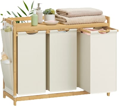 NaevaMi Wasmand 3 Vakken – Wassorteerder - Wasmanden - Wasbox - Wassorteerder 3 vakken - Wasmand Hout - Wasmand Bamboe - 150 liter - 3 Compartimenten - Uitschuifbaar met Plank - 94 x 33 x 78 cm - Wit