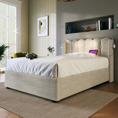 VVBV Gestoffeerd Bed 90x200 cm met Lattenbodem, Hoofdbord - Leeslamp, Voor Kinderen/Tieners - Linnen - Zonder Matras