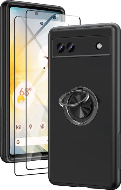 Casemania Hoesje Geschikt voor Google Pixel 6A - Zwart + 2X Glazen Screenprotector - Anti-Shock Creative Kickstand Case