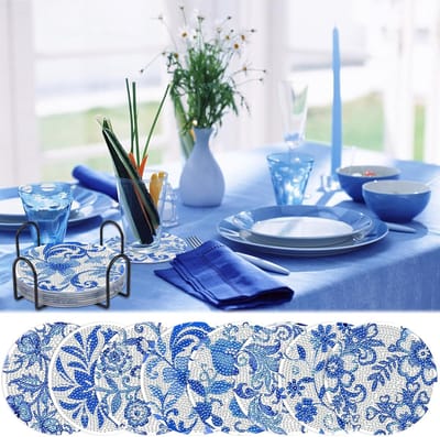 Onderzetters met houder - doe-het-zelf diamantschilderset voor volwassenen en kinderen - ronde mandala- en hondenmotieven bekeronderzetters met kurk achterkant (blauwe bloemen