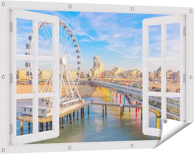 Gards Tuinposter Doorkijk Scheveningen Pier met de Ferris Wheel - Reuzenrad - 120x80 cm - Tuindoek - Tuindecoratie - Wanddecoratie buiten - Tuinschilderij