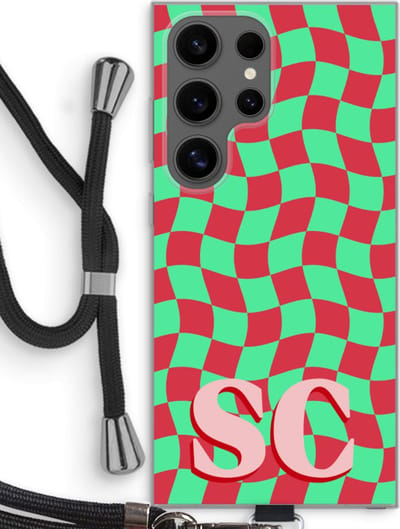 Gepersonaliseerd - Case Company® - Hoesje met koord geschikt voor Samsung Galaxy S24 Ultra hoesje met Koord - Grid Monogram - Telefoonhoesje met Zwart Koord - Bescherming aan alle Kanten en Over de Schermrand