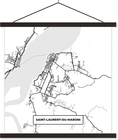 Posterhanger incl. Poster 60x60 cm - Schoolplaat - Stadskaart - Saint-Laurent-du-Maroni - Plattegrond - Kaart - Frankrijk - Zwart wit - Textielposter - Zwarte latten - Stadskaart
