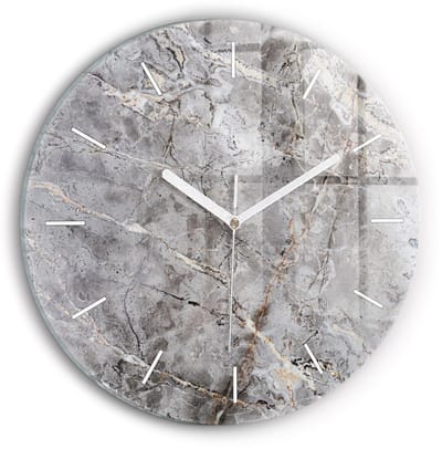 Wallfluent Wandklok - Grijs graniet marmer Stijlvolle Klok - 30 cm x 30 cm - Grijs Wandklok - Witte Handen - Wandklok Zonder Cijfers - Wandklok voor in de Keuken - Ronde Glazen Klok - Scandinavisch Wandklok - Klok met Print