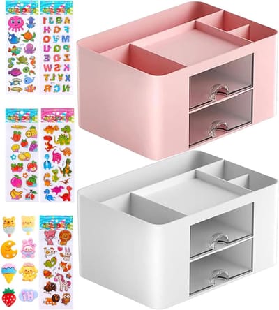 Multifunctionele Bureau Organizer met Lades, Ruimtebesparende Pennenhouder en Tafel Organizer met 5 Compartimenten voor Thuis, Kantoor en School (Roze + Wit)