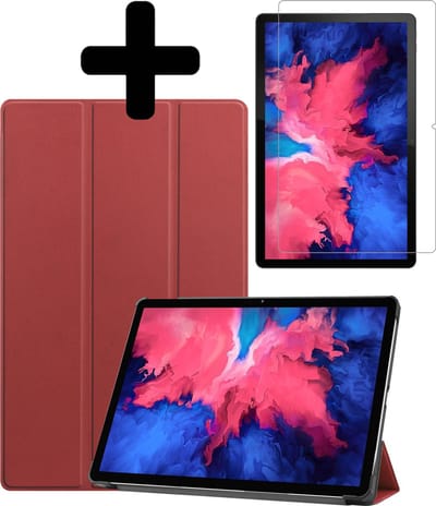 Hoes - Geschikt voor Lenovo Tab P11 - Met Screenprotector - Trifold Bookcase - Hard Cover - Hardcover Book Case - Tablet Hoesje - Donkerrood