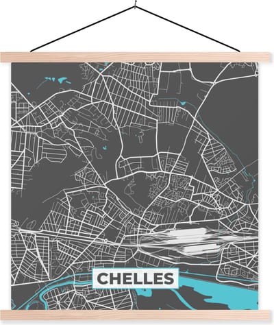 Posterhanger incl. Poster 40x40 cm - Schoolplaat - Frankrijk – Plattegrond – Kaart – Chelles – Stadskaart - Textielposter - Blanke latten - Stadskaart