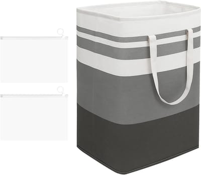 Wasmand, 75 liter, grijs-wit, opvouwbaar, met 2 opbergzakken met ritssluiting, waszak met handvat, grote wasverzamelaar, opvouwbare wasmanden voor slaapkamer, badkamer, kinderkamer, studentenwoning