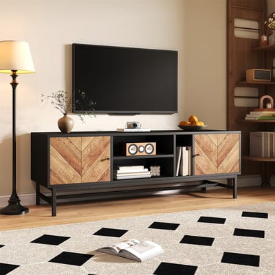 KOMHTOM 150 cm tv-kast - modern en minimalistisch ontwerp in zwart en hout - met veelzijdige opbergruimte incl. kasten en vakken
