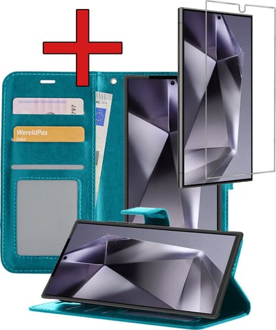 Hoesje - Met Screenprotector - Geschikt voor Samsung Galaxy S24 Ultra - Luxe Pasjeshouder - Flipcase - Bookcase Portemonee - Flip Case - Kunstleer Book Case - Book Cover - Walletcase - Portemonneehoes - Telefoonhoes - Turquoise
