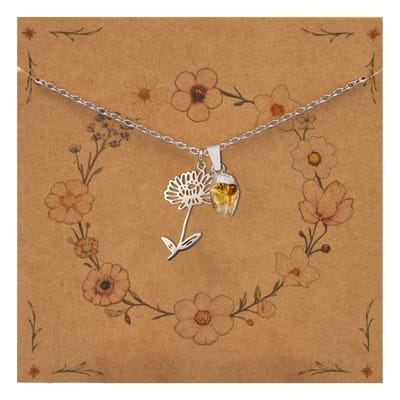 Bixorp Geboortebloem + Geboortesteen Ketting November - Chrysant & Citrien - Zilverkleurig Stainless Steel - Bloem & Ruwe Edelsteen Hanger - 45+5cm