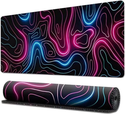 Muismat Gaming XL 31,5 x 11,8 inch Topografische toetsenbordmuismat voor antislipbasis en gestikte rand, verlengde bureaumat Toetsenbordmuismat Gaming (Neon)