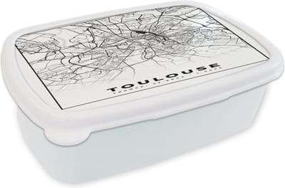 Broodtrommel Wit - Lunchbox - Brooddoos - Kaart - Stadskaart - Frankrijk - Toulouse - Plattegrond - Zwart wit - 18x12x6 cm - Volwassenen