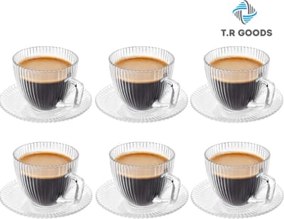 TR Goods – 6-delige Koffie & Cappuccino Glazenset met Schotels – 250 ml – Hittebestendig Glas – Voor Koffie, Cappuccino & Thee – 6 Kopjes + 6 Schotels