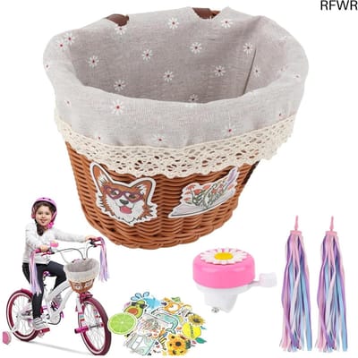 RFWR® Fietsmand voor Kinderen met Accessoires - Gevlochten Stuurmand met Stickers en Fietsbel - Roze