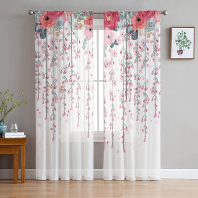 Planten- en Bloemenillustratie in Rood en Roze Transparante Gordijnen Tule Gordijnen voor Woonkamer Slaapkamer Huisdecoratie Voile Gordijnen 135W x 114H(cm) white