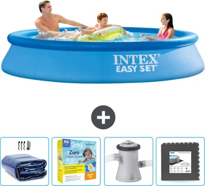 Intex Rond Opblaasbaar Easy Set Zwembad - 305 x 61 cm - Blauw - Inclusief Solarzeil - Onderhoudspakket - Zwembadfilterpomp - Vloertegels