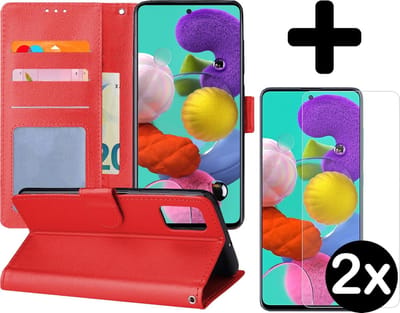 Hoesje - Met 2x Screenprotector - Geschikt voor Samsung Galaxy A51 - Luxe Pasjeshouder - Flip Case - Bookcase Portemonee - Kunstleer Book Case - Flipcase Hoes - Book Cover - Walletcase - Portemonneehoes - Telefoonhoes - Rood