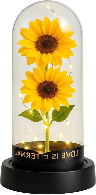 Kunstbloemen Glazen Koepel - Decoratieve Bloem Arrangement - Romantische Sfeer Creëren - Ingebouwde LED Verlichting - 350 Gram - Zonnebloem
