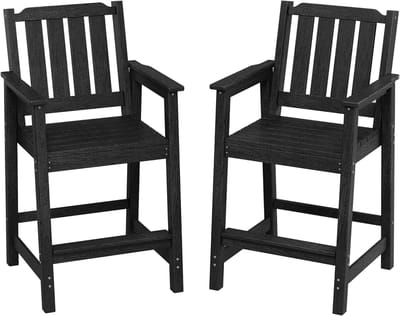 Zwarte set van 2 tuinbarstoelen 70 cm hoog, Adirondack model van HDPE, weerbestendig, bredere zittingen en armleuningen, voor tuin, zwembad en bistro