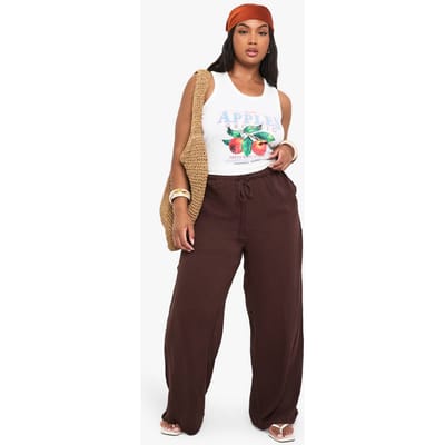 boohoo Dames Plus Kaasdoek Strandbroek met Wijde Pijpen | Dark Brown | Maat: 20/22