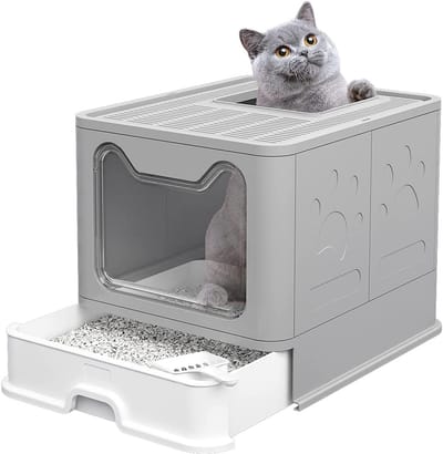 PIPIPOXER Opvouwbare kattenbak -met uitschuifbare bak Kattenbak -met schepje Draagbare dubbele deur-Grijs