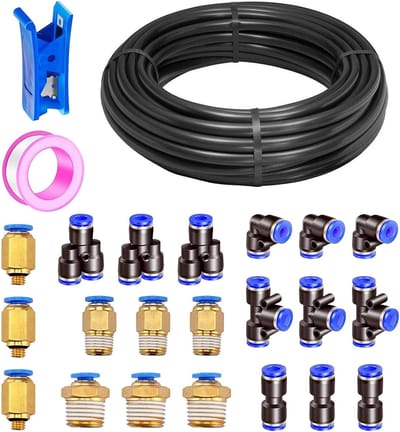 Pneumatische Slang 20 m Zwart PU, Gecomprimeerde Lucht Slang met 21 Aansluitingen en Snelle Koppelingen, Geschikt voor Binnen en Buiten, 6 mm en 4 mm
